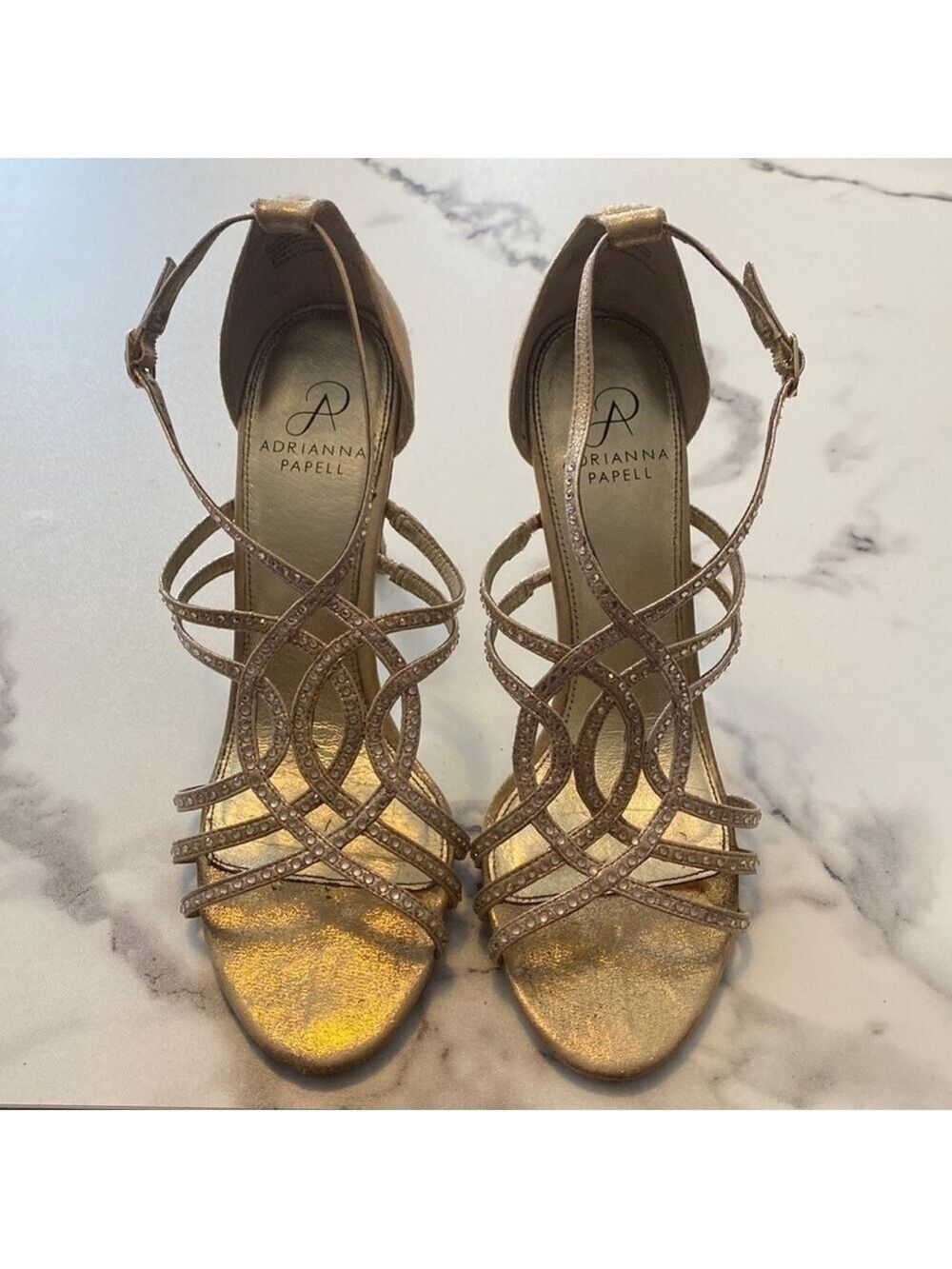 Adrianna Papell Elixir High Heel Strappy Sandal in Gold Platinum with Rhinestone